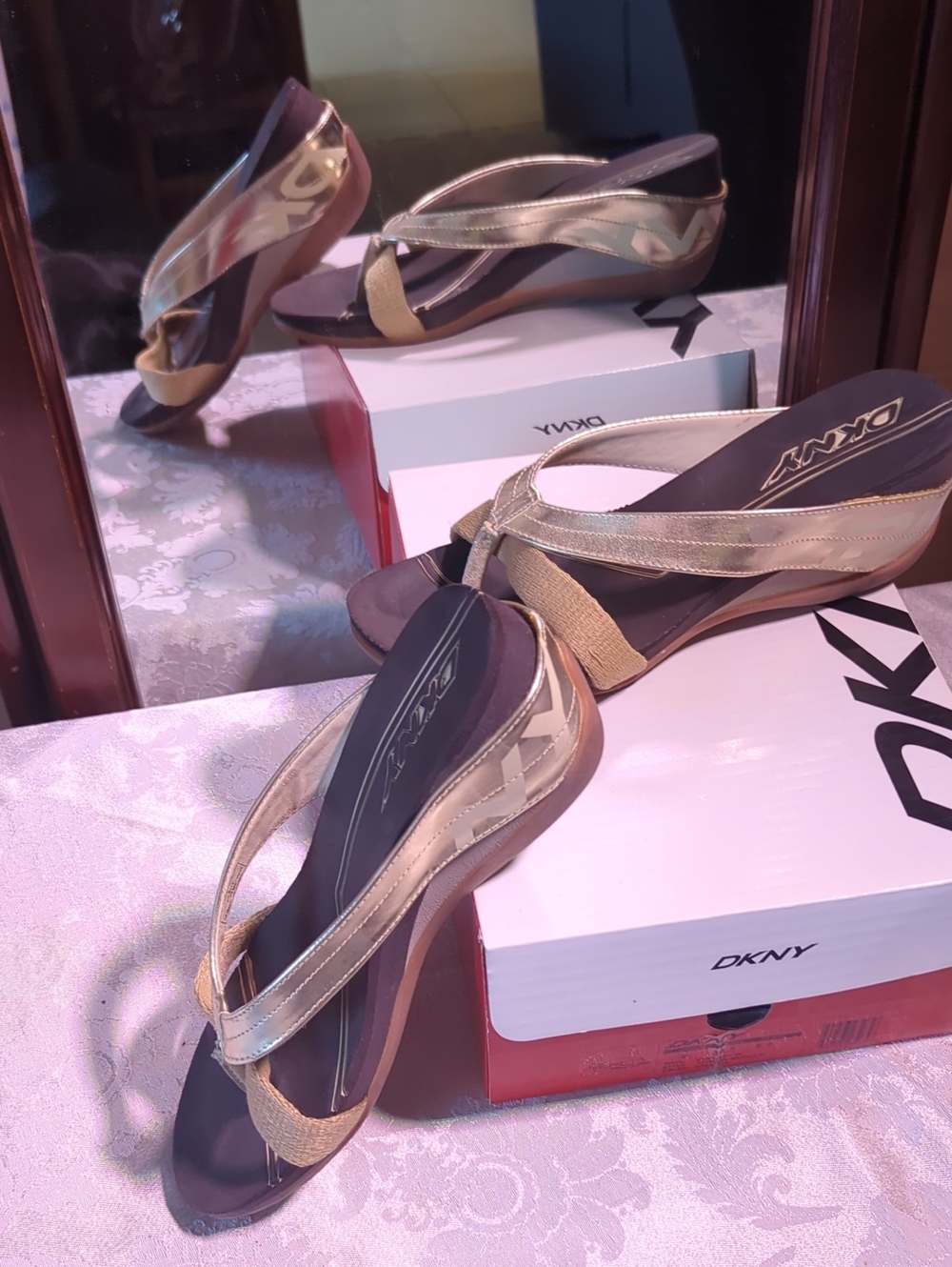 DKNY Gold Metallic Wedge Thong Sandals